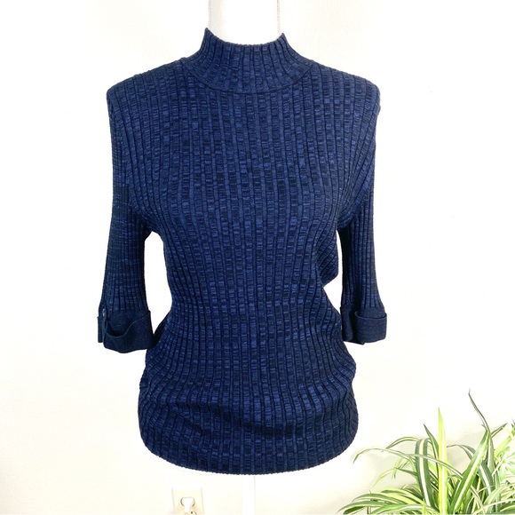 Style & Co Size M Sweater Dark Blue Black Marbled Ribbed Pullover Turtleneck EUC - Picture 2 of 11